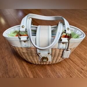 Tan and White Woven Coach Handbag